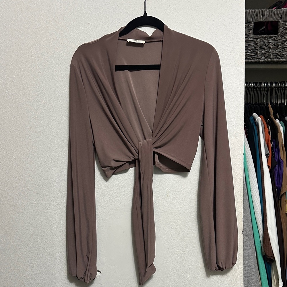 Chic Taupe Tie-Front Blouse